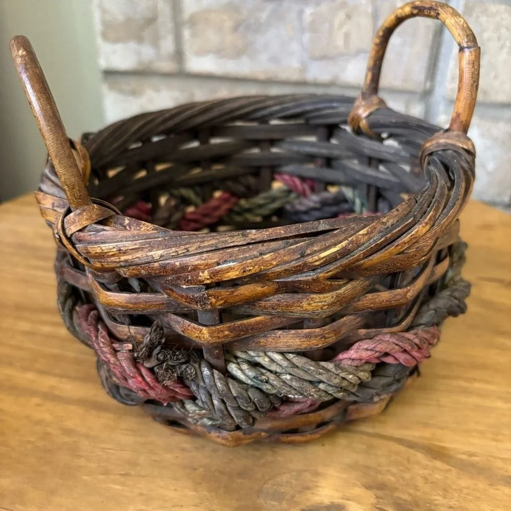 Vintage Round Small Basket Braided‎ Colored Accent Decor Rustic Cottagecore 7